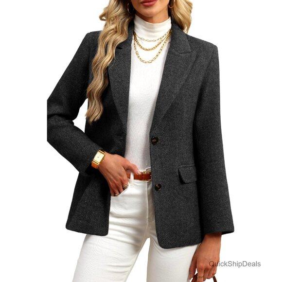 Wool Blend Tweed Blazer Oversized Fit Business Casual Long Sleeve